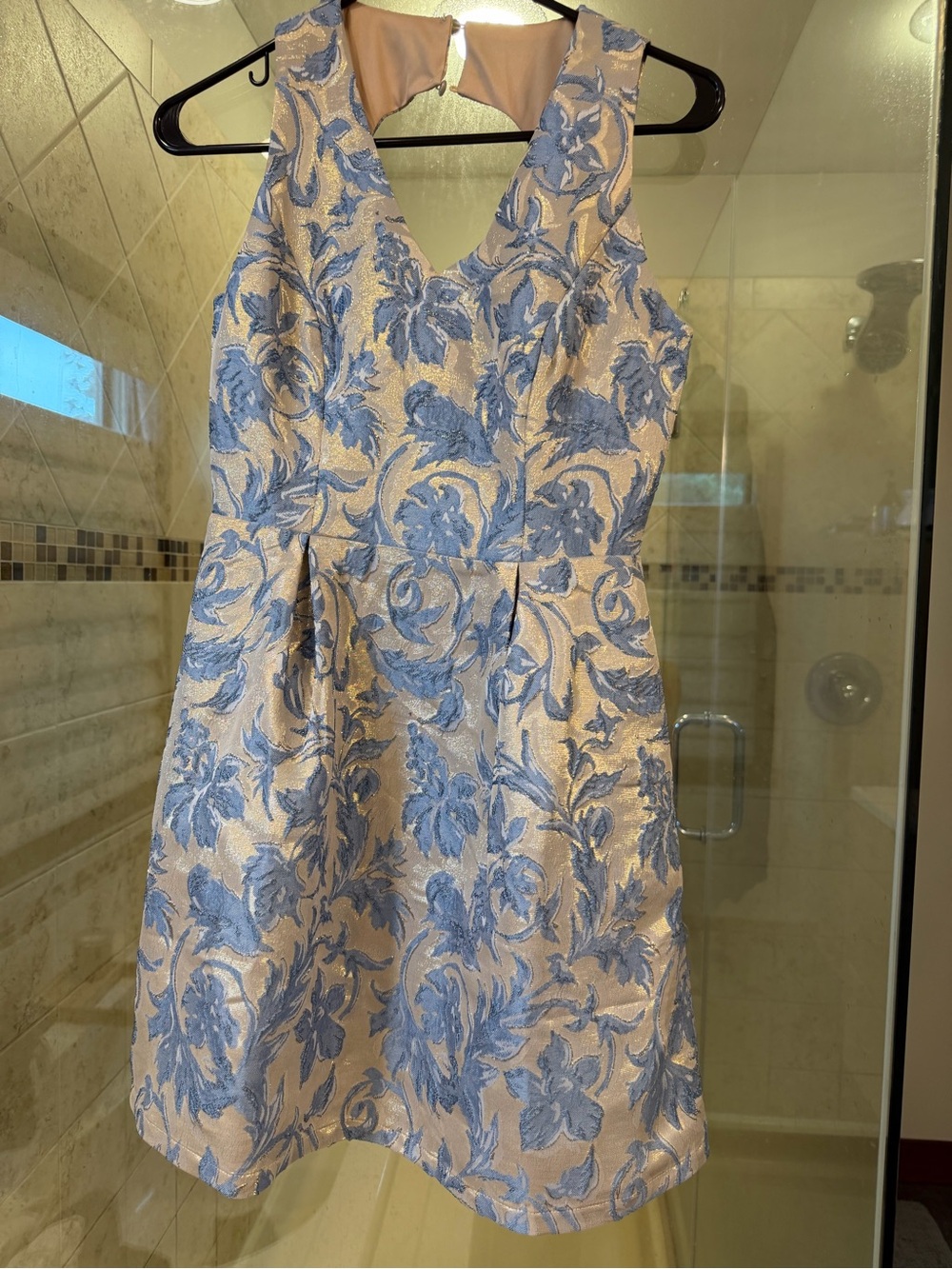 Blue Floral Jacquard Mini Dress with V-Neck